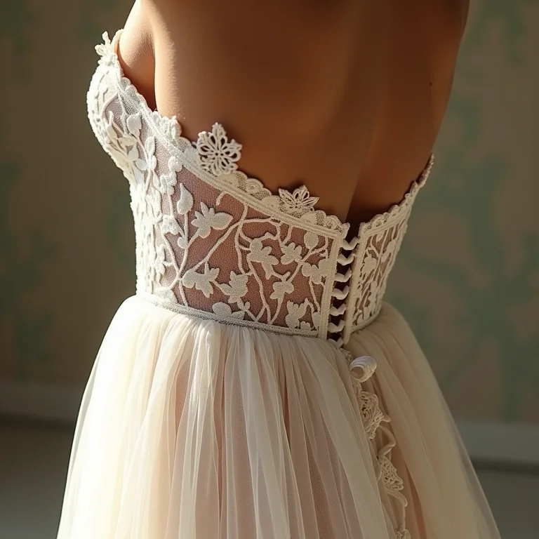 Detalhe de renda artesanal em vestido Martha Medeiros