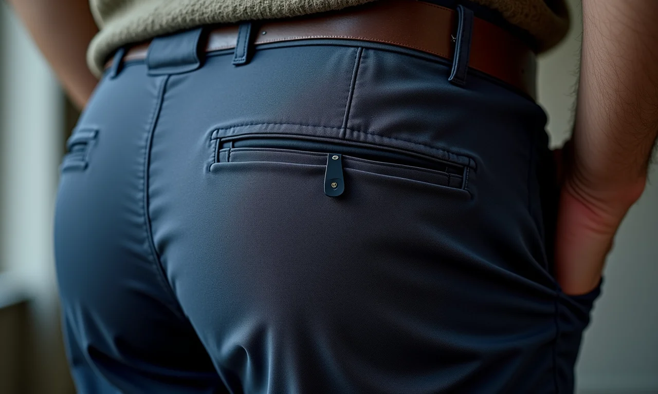 Detalhe de tecido de calça de alfaiataria de alta qualidade.