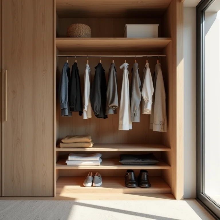 Detalhe de um closet aberto e minimalista