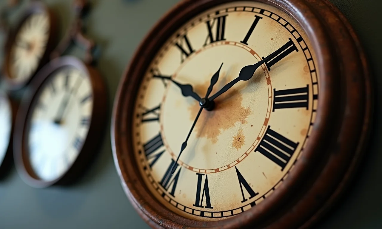 Detalhe de um relógio de parede antigo com numerais romanos.