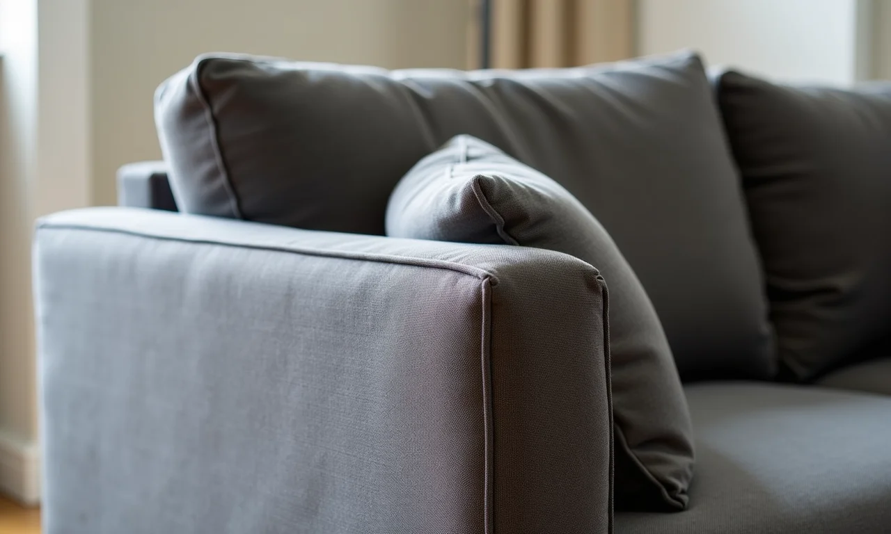 Detalhe de um sofá cinza estiloso de uma marca renomada, mostrando qualidade e design.