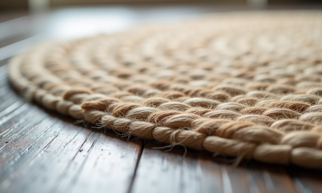 Detalhe de um tapete redondo de fibras naturais.