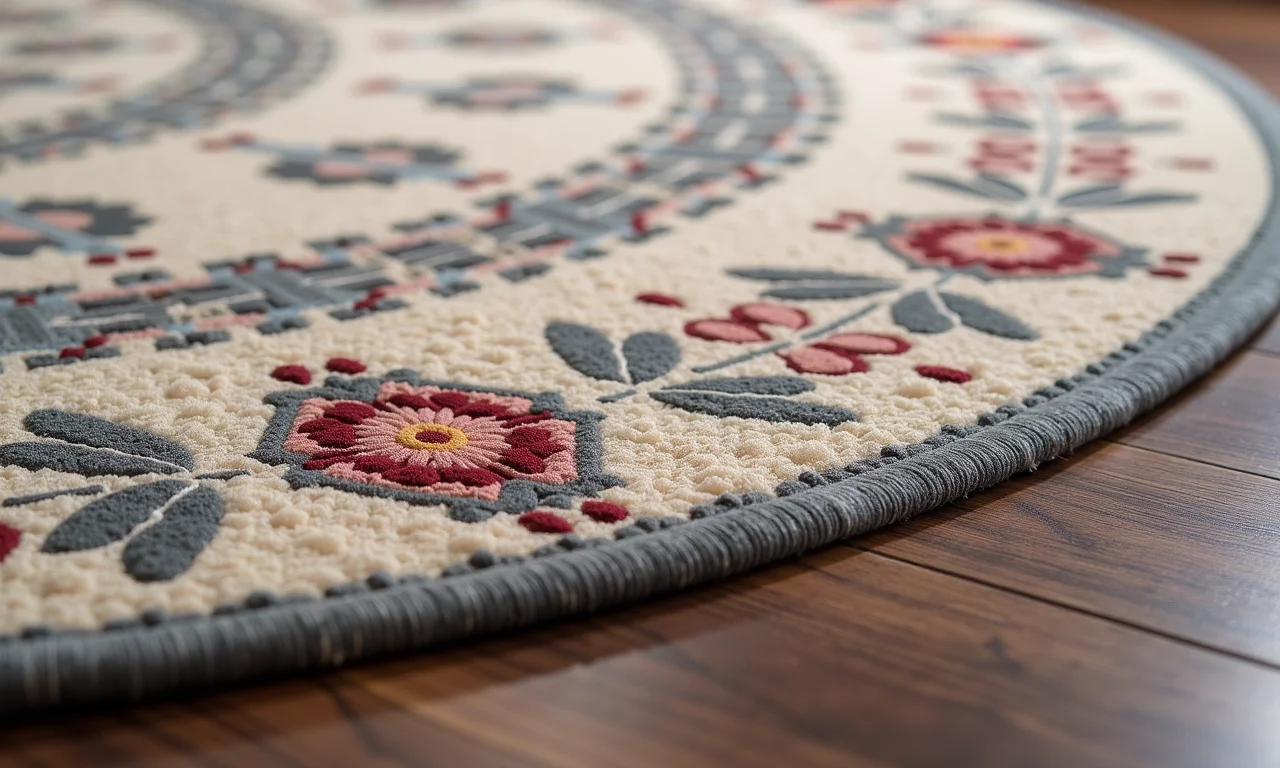 Detalhe de um tapete redondo personalizado da By Kamy.