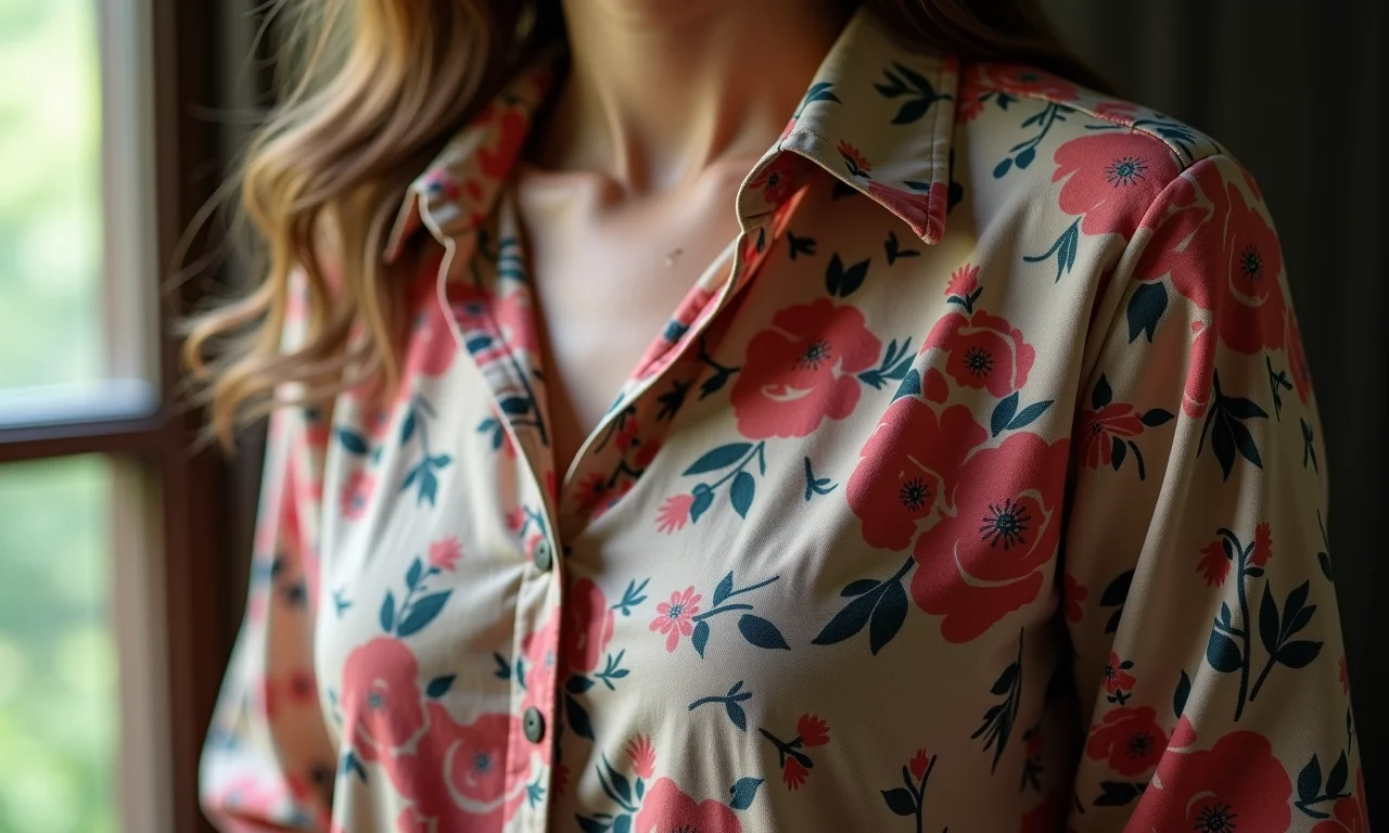 Detalhe de uma blusa com estampa floral datada e cores desbotadas.