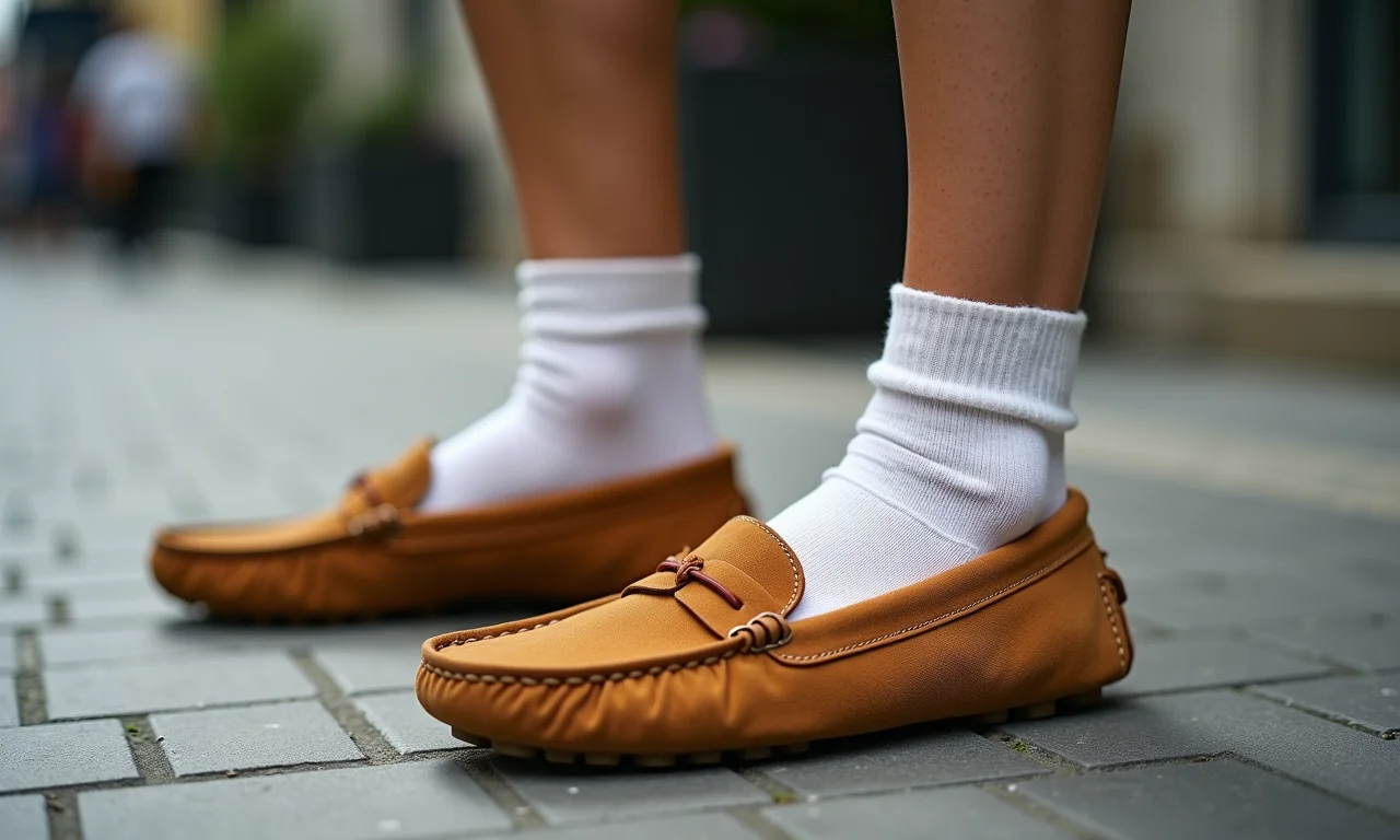 Detalhe de uma mulher usando mocassins com meias estilosas.