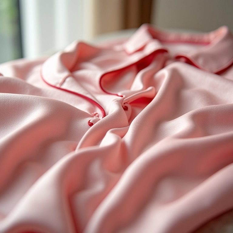 Detalhe do tecido de pijama de seda, respirável e confortável.