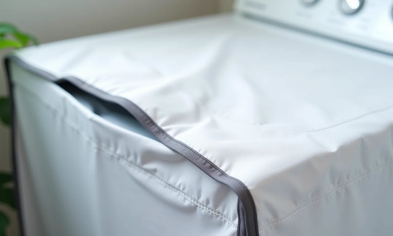 Detalhes de acabamento da capa impermeável para máquina de lavar.