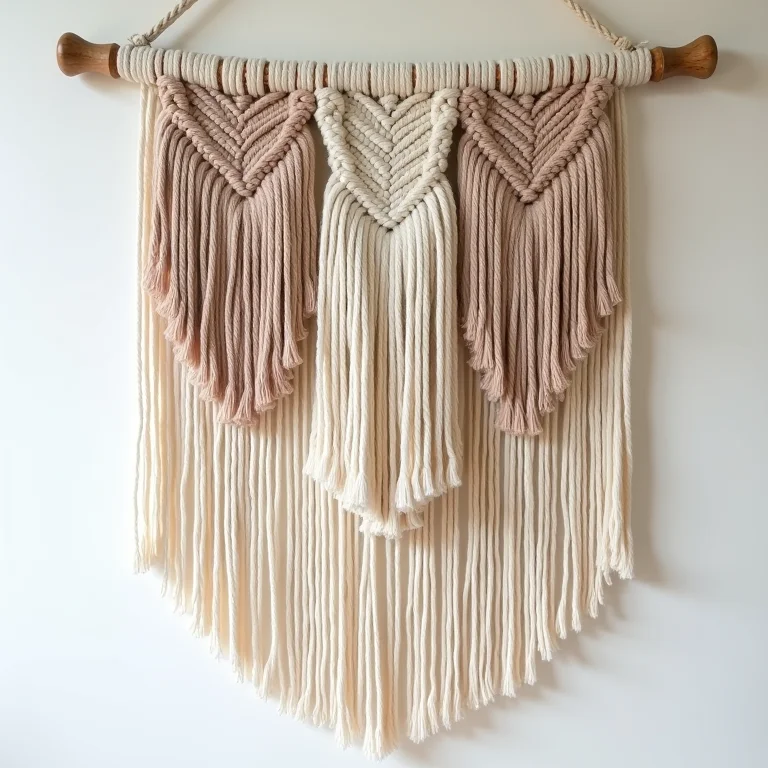 Detalhes de diferentes franjas em painel de macramê