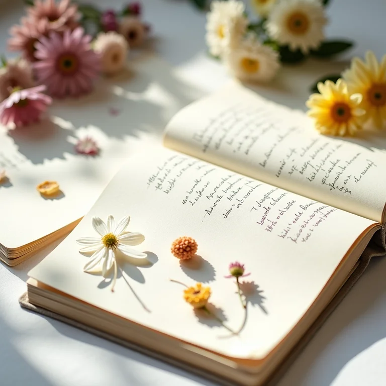 Diário com anotações e flores, representando o registro de intuições