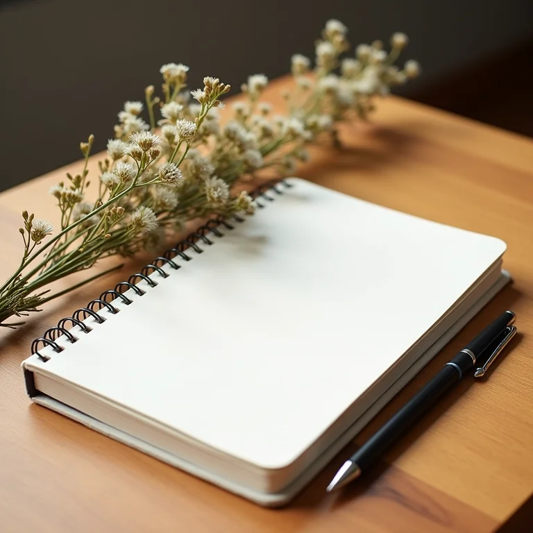 Diário minimalista com caneta e flores silvestres sobre uma mesa de madeira.