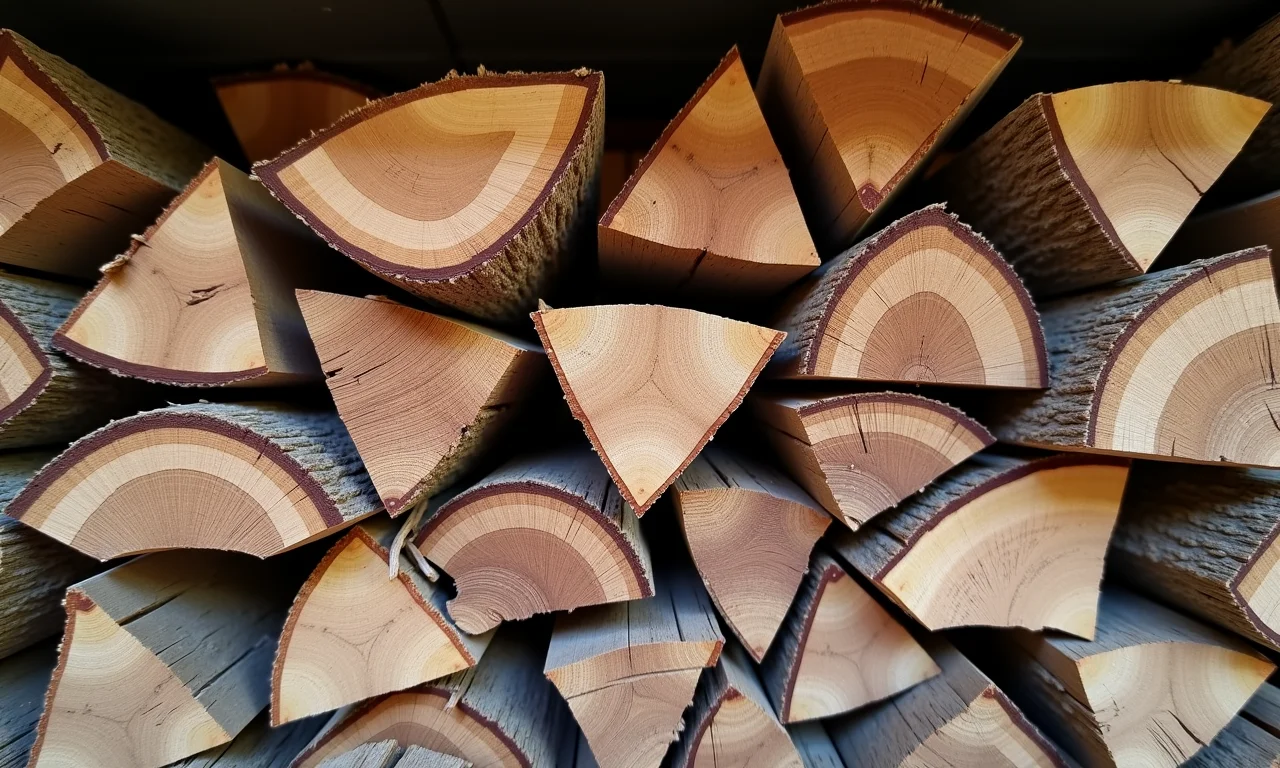 Diferentes tipos de lenha empilhadas, mostrando texturas e cores da madeira.