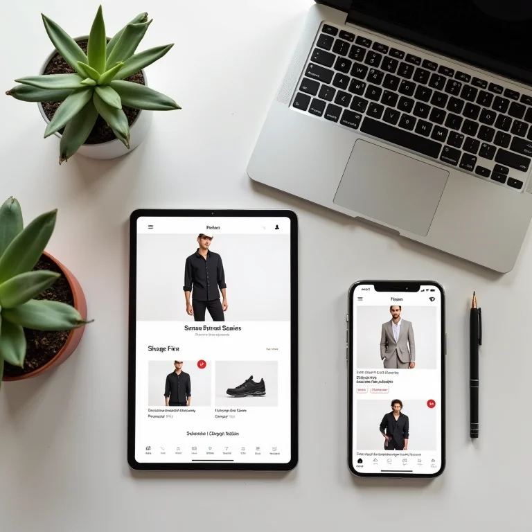 Dispositivos digitais mostrando marketplaces online para compra e venda de moda digital.