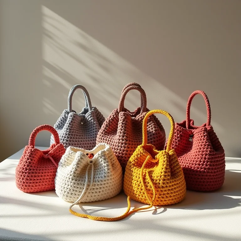 Diversas bolsas de crochê artesanais em diferentes estilos e cores.