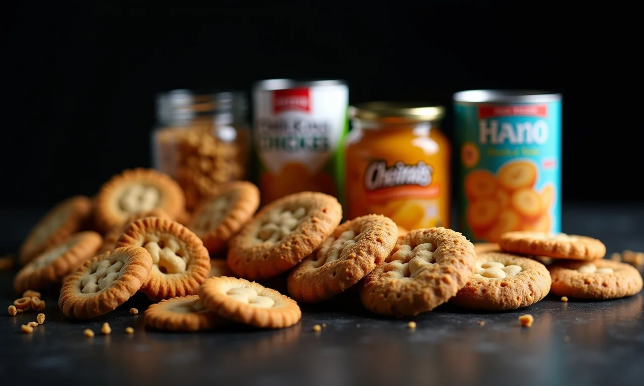 Diversos alimentos processados com destaque para o alto teor de açúcar.