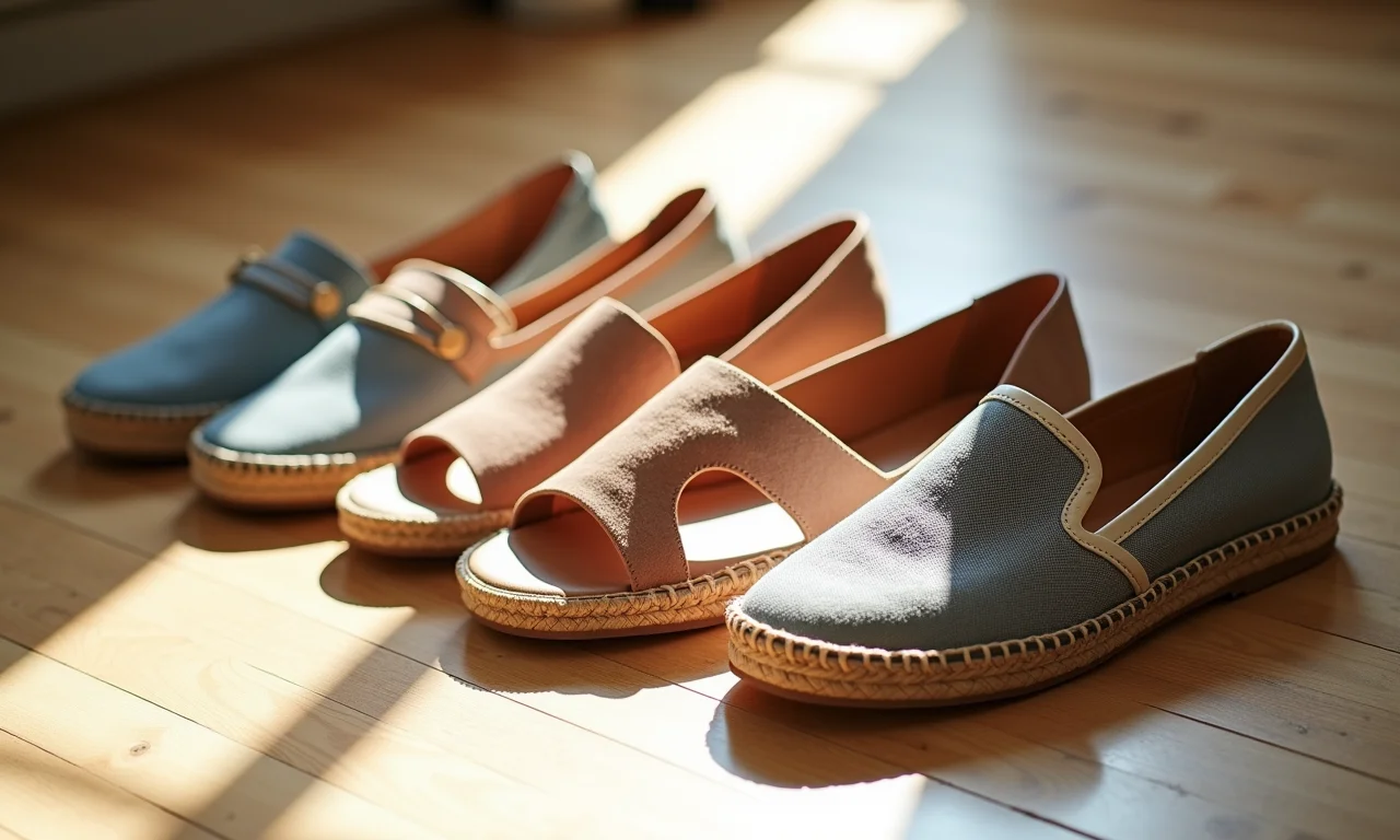 Diversos calçados de verão (sandálias, alpargatas, mocassins) dispostos em um piso de madeira.