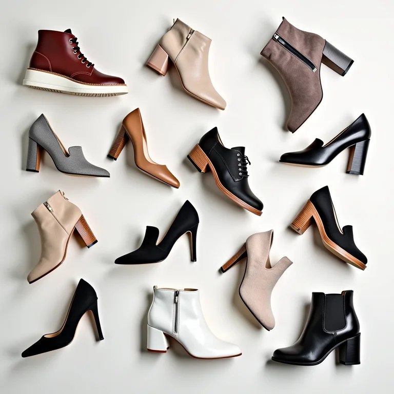 Diversos calçados digitais, de tênis a saltos altos, dispostos em um padrão geométrico.