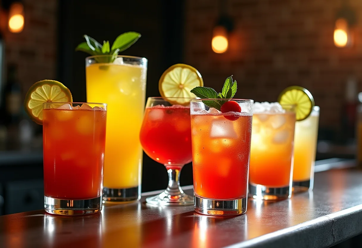 Diversos drinks coloridos com tequila em cima de um balcão.