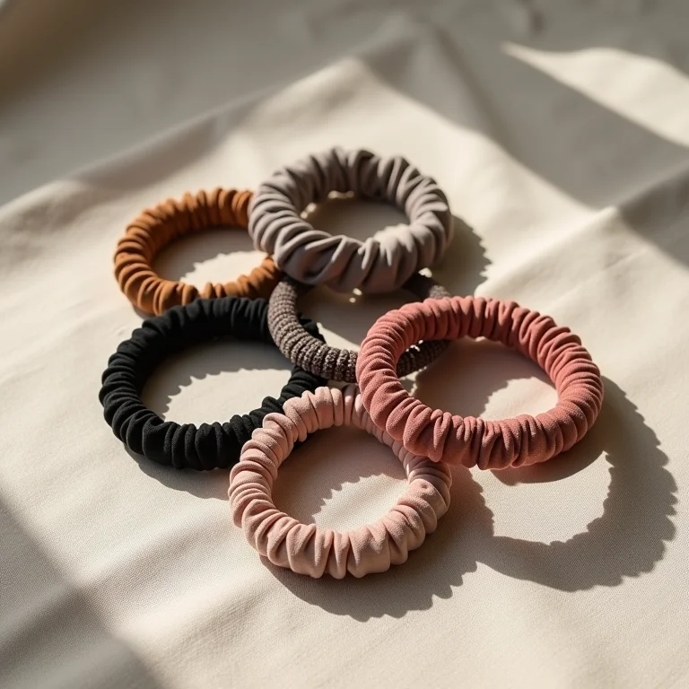 Diversos elásticos de cabelo, incluindo modelos largos e revestidos em tecido.
