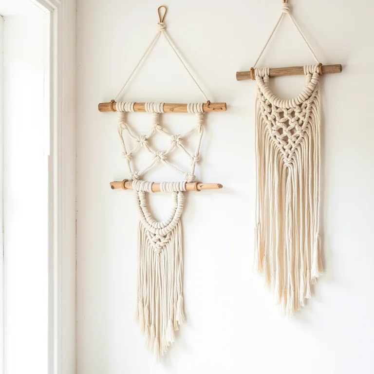 Diversos painéis de macramê em parede branca texturizada