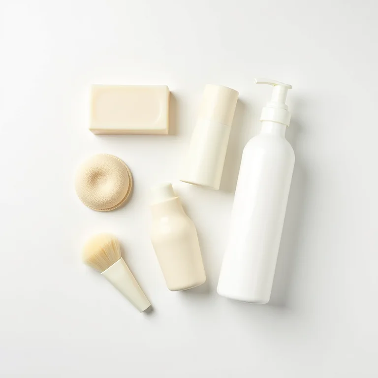 Diversos produtos de limpeza de pincéis de maquiagem dispostos em uma superfície branca.