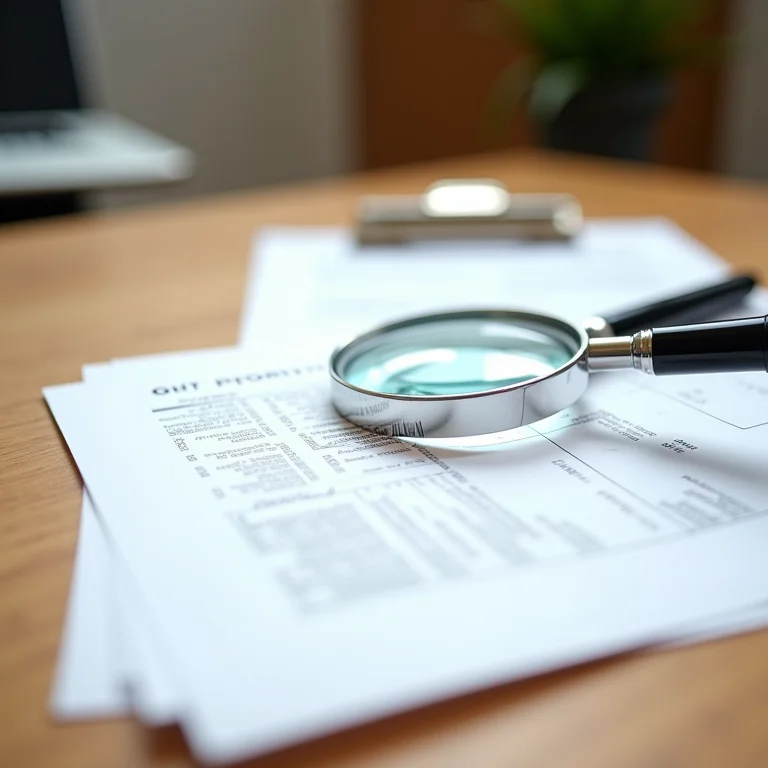 Documentos de propriedade, lupa e caneta em uma mesa de madeira.