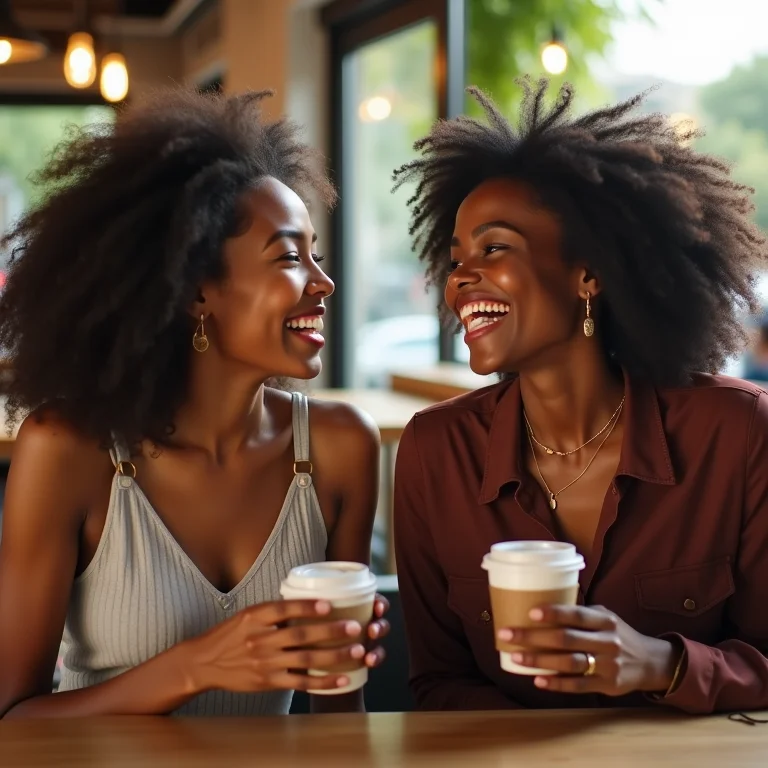 Duas amigas diversas tomando café e rindo juntas, representando a maternidade real e sem filtro.