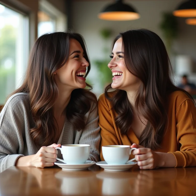 Duas amigas rindo e conversando em um café ensolarado