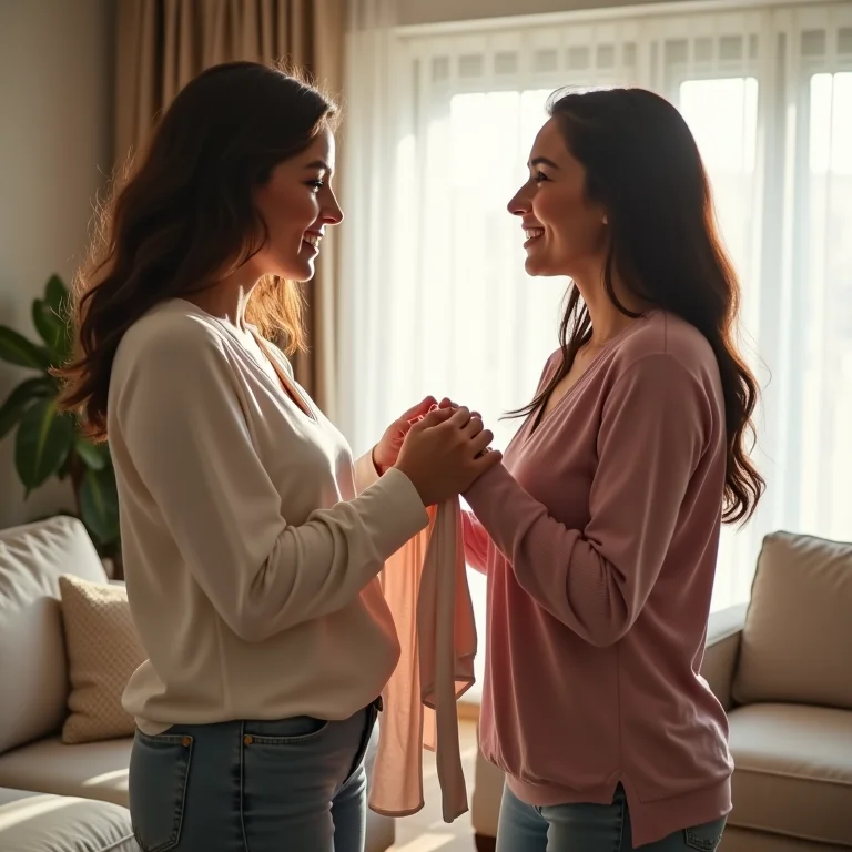 Duas amigas trocando roupas em casa, simbolizando a troca de peças como alternativa sustentável.