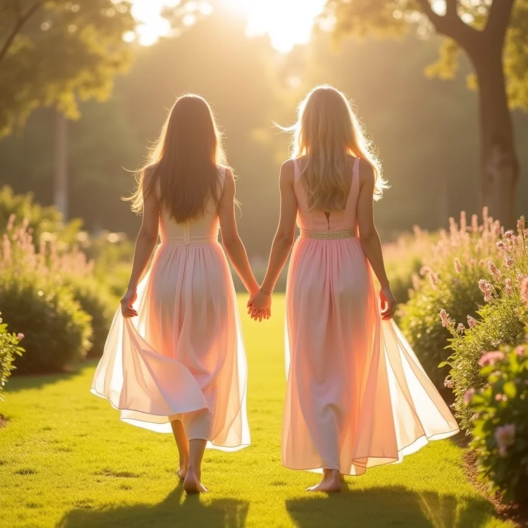 Duas mulheres de mãos dadas caminhando em um jardim