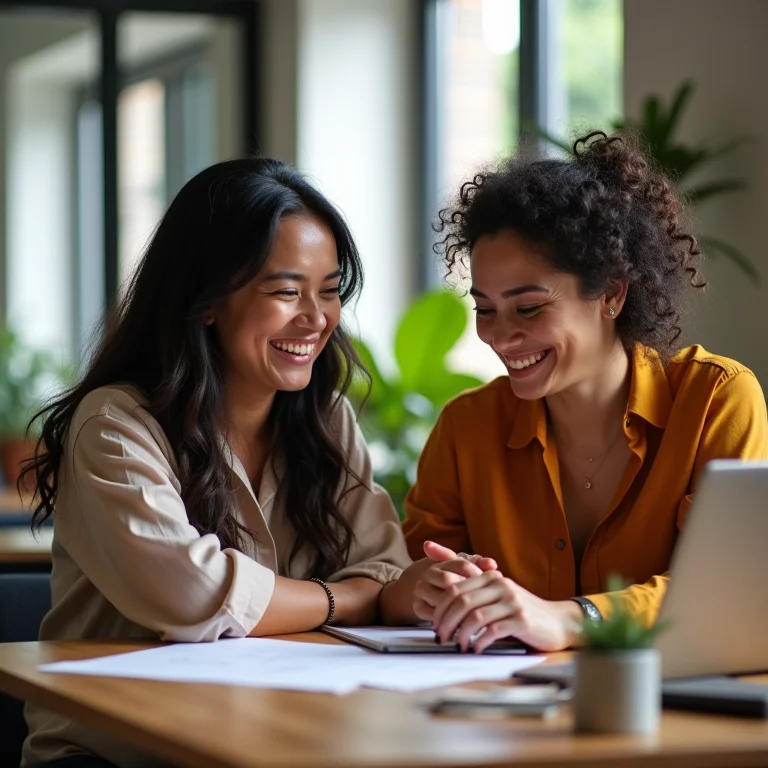 Duas mulheres latinas colaborando em um projeto, representando cooperação e diplomacia