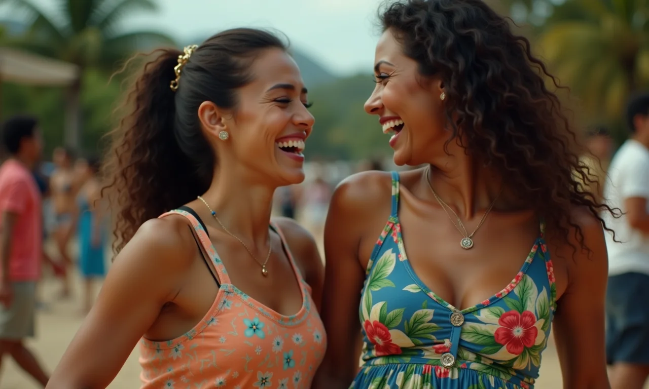 Duas mulheres rindo juntas enquanto dançam.