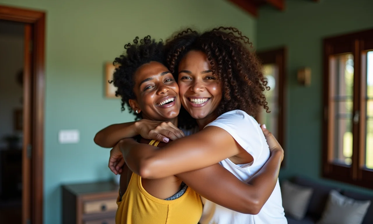 Duas mulheres se abraçando, simbolizando laços familiares fortalecidos pelo perdão.