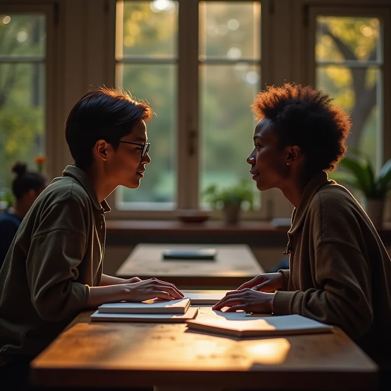 Duas pessoas diversas conversando profundamente, representando a reflexão sobre temas complexos.