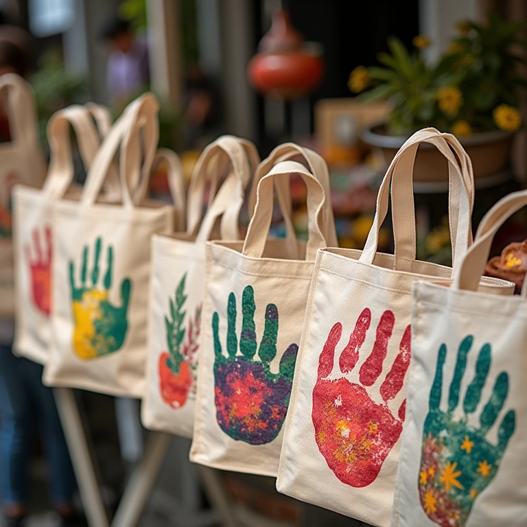 Ecobags estampadas à mão com designs vibrantes em um mercado.