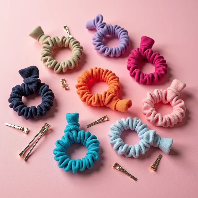 Elásticos de cabelo e grampos para penteados rápidos e práticos.