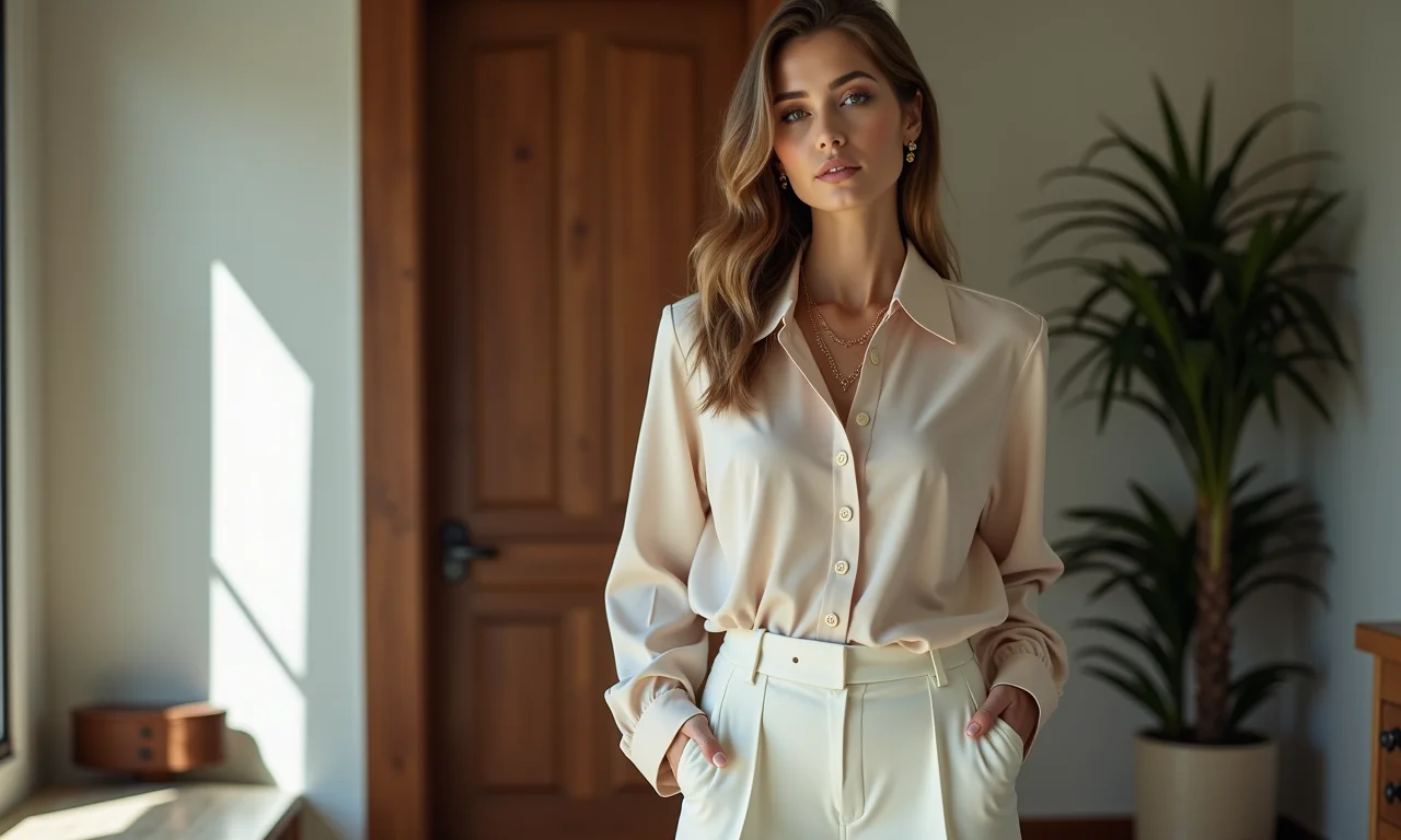 Elegância descomplicada com calça pantalona de alfaiataria e blusa de seda.