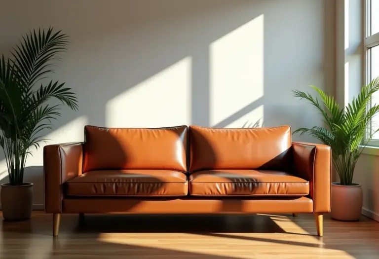 Elegante sala de estar com sofá de couro marrom