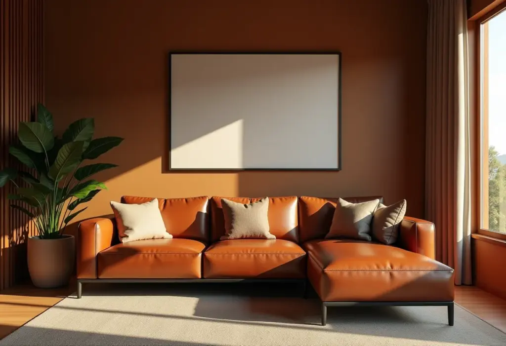 Elegante sala de estar com sofá de couro marrom