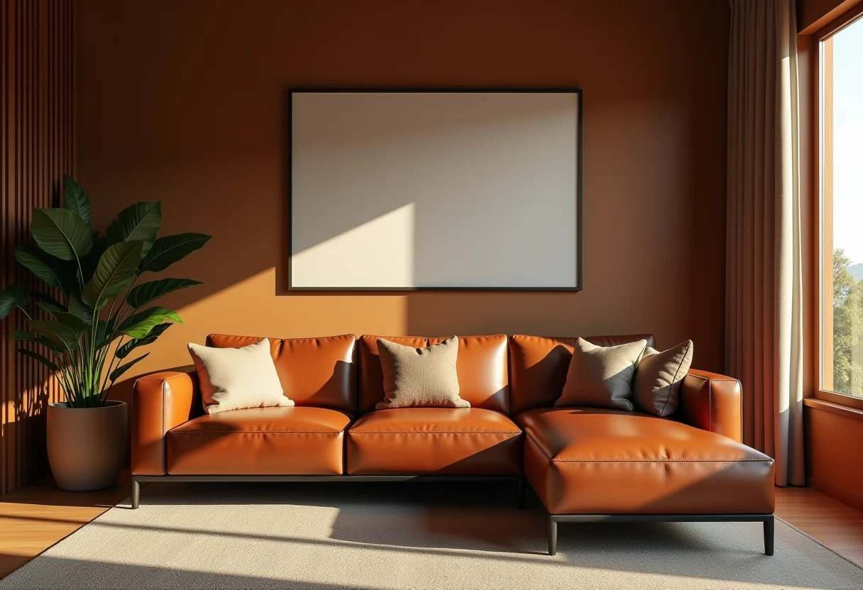 Elegante sala de estar com sofá de couro marrom