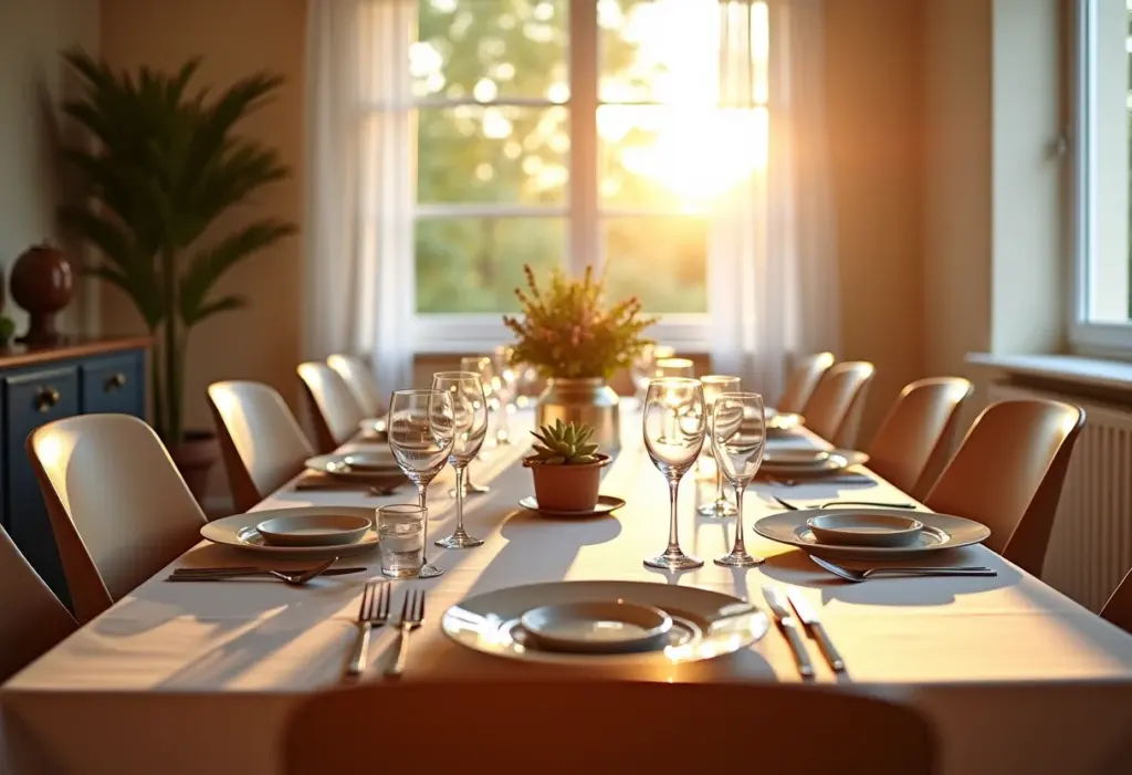 Elegante sala de jantar decorada para um jantar especial.