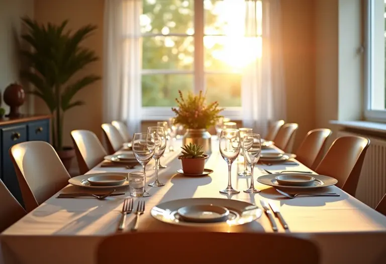 Elegante sala de jantar decorada para um jantar especial.