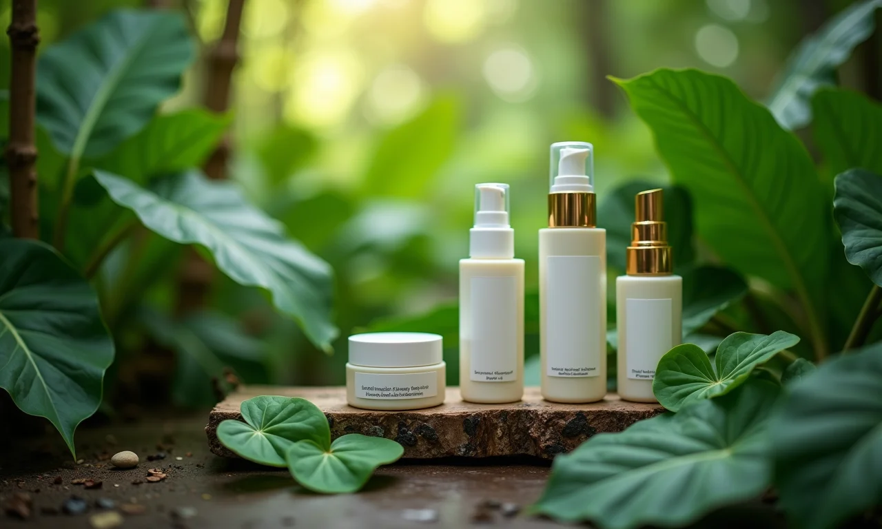 Embalagens sustentáveis de produtos de beleza veganos na Amazônia.