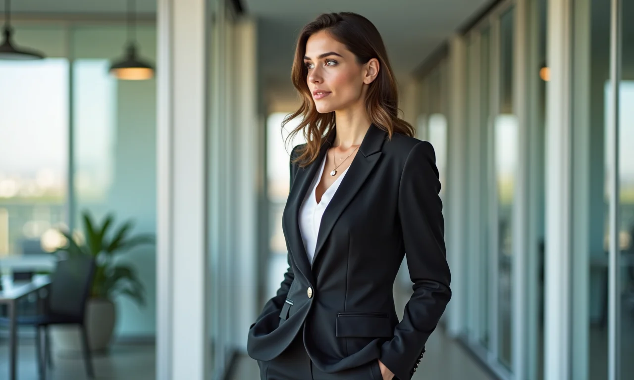 Empresária brasileira em escritório moderno usando um elegante conjunto de alfaiataria.