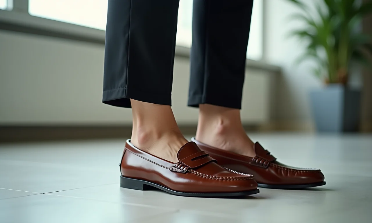 Empresária brasileira usando mocassim com calça de alfaiataria e blusa.