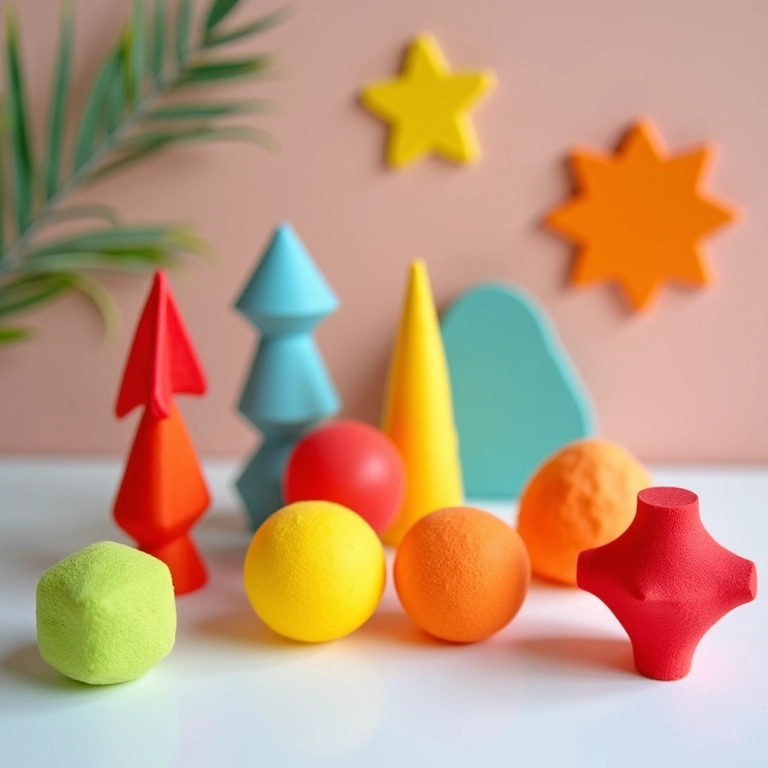 Enfeites de mesa divertidos feitos de EVA com formas geométricas e cores vibrantes.