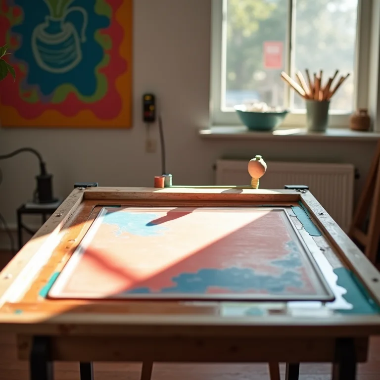 Equipamento de silk screen para estampar tecido.