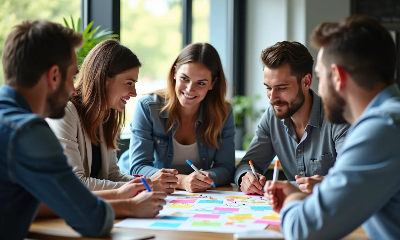 Equipe colaborando em uma mesa, trocando ideias com notas adesivas e marcadores, representando liderança e trabalho em equipe.