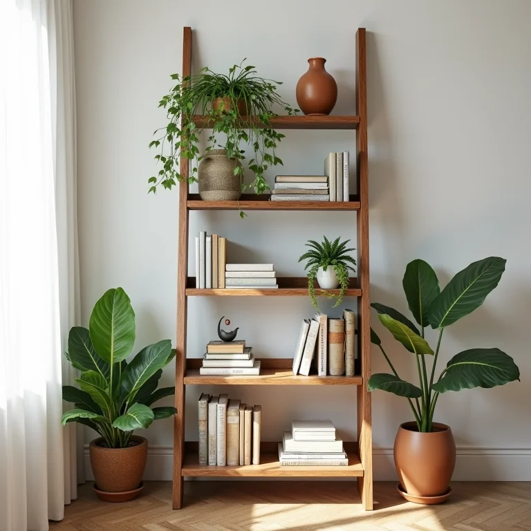 Escada antiga transformada em estante charmosa com livros e plantas