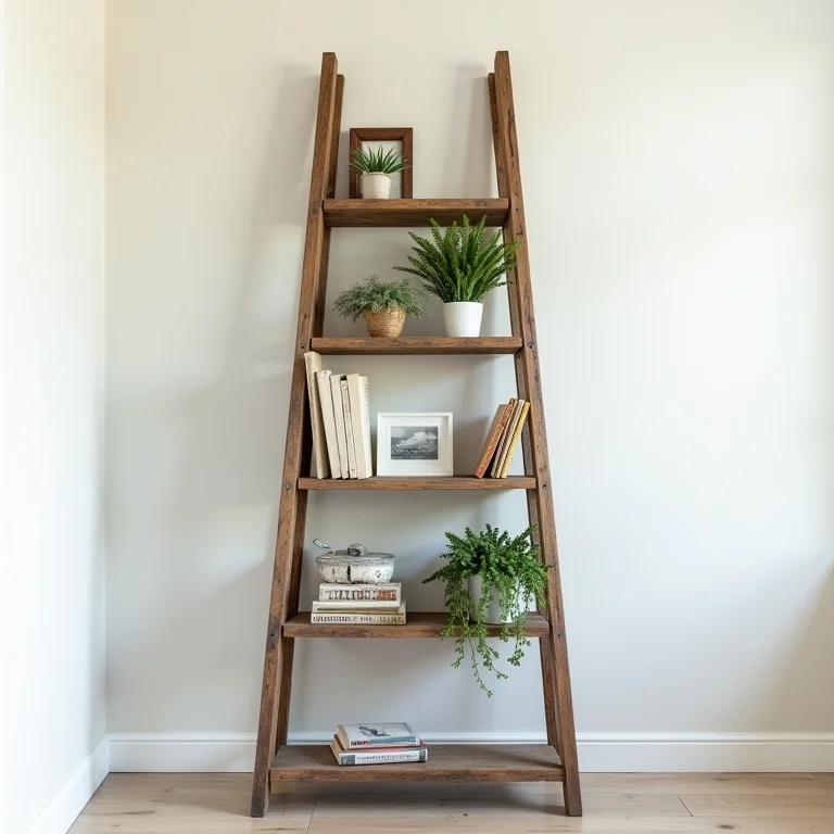 Escada antiga transformada em estante criativa com livros e plantas.