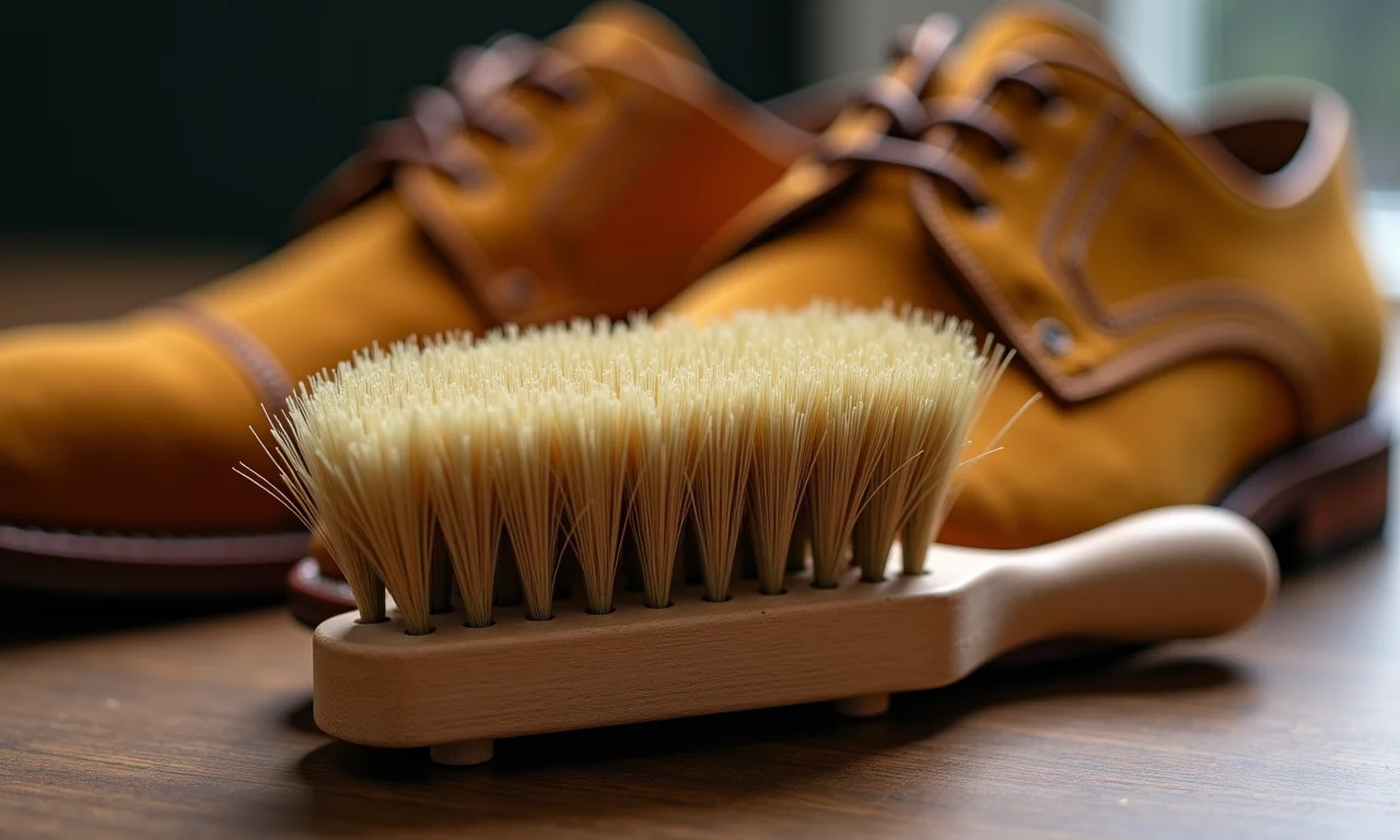 Escova para camurça Condor com sapatos limpos ao fundo.